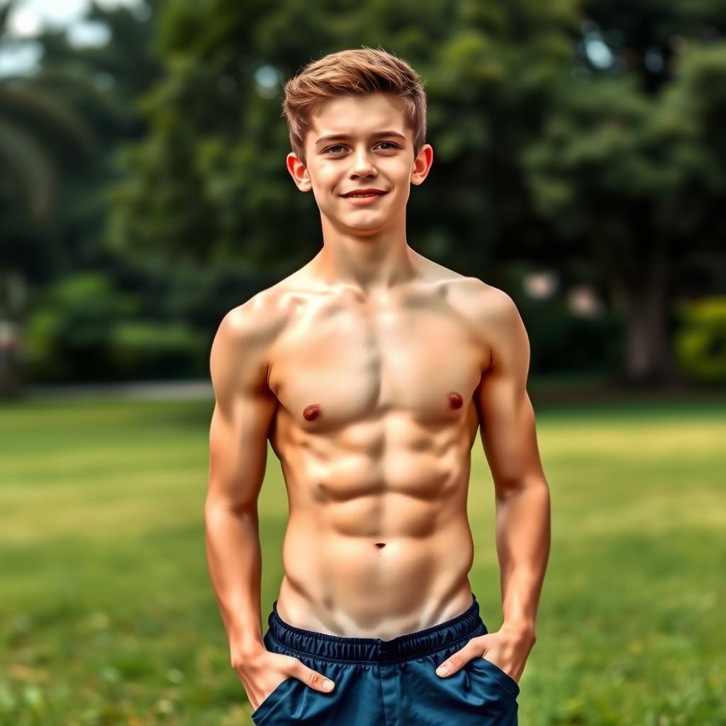 A teenage boy with a well-defined muscular physique and prominent abs, standing confidently without a shirt, wearing only dark blue sporting shorts