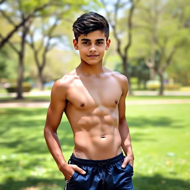 A teenage boy with a well-defined, muscular build and prominent abs, standing confidently without a shirt, wearing only dark blue sporting shorts