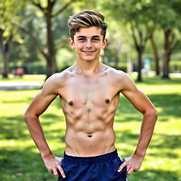 A teenage boy with a well-defined, muscular build and prominent abs, standing confidently without a shirt, wearing only dark blue sporting shorts
