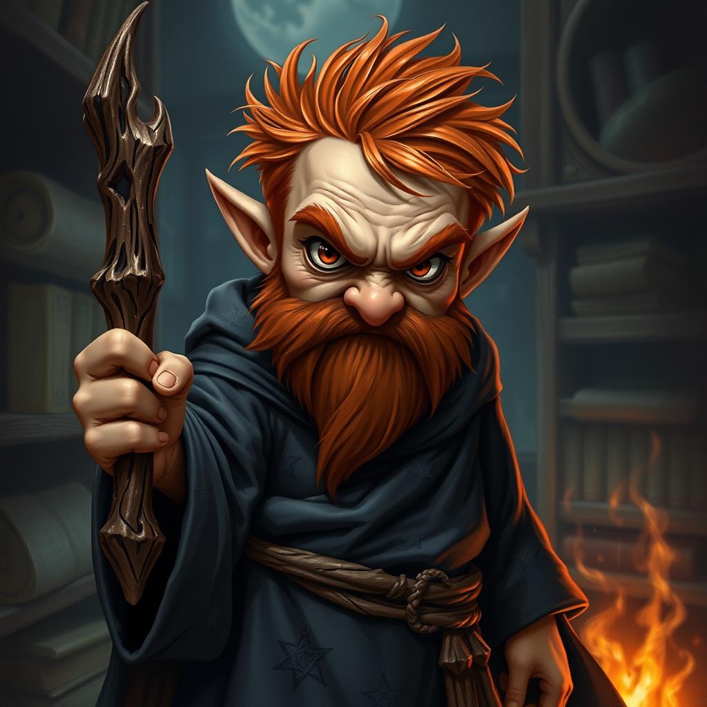 A mean-looking gnome mage, characterized by his short and messy redhead hair that adds to his intimidating appearance