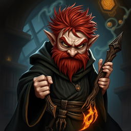 A mean-looking gnome mage, characterized by his short and messy redhead hair that adds to his intimidating appearance