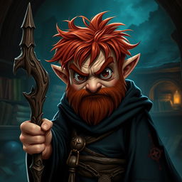 A mean-looking gnome mage, characterized by his short and messy redhead hair that adds to his intimidating appearance