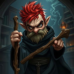 A mean-looking gnome mage, characterized by his short and messy redhead hair that adds to his intimidating appearance