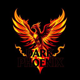 A bold and dramatic logo featuring the Dark Phoenix, incorporating fiery elements and a striking color palette of deep reds, yellows, and blacks