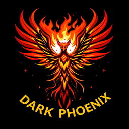 A bold and dramatic logo featuring the Dark Phoenix, incorporating fiery elements and a striking color palette of deep reds, yellows, and blacks