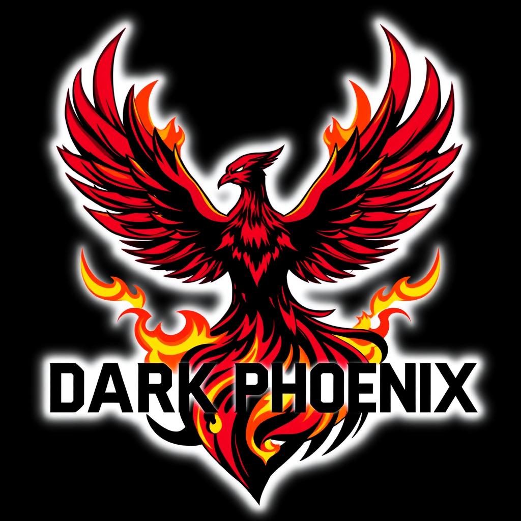 A bold and dramatic logo featuring the Dark Phoenix, incorporating fiery elements and a striking color palette of deep reds, yellows, and blacks