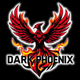 A bold and dramatic logo featuring the Dark Phoenix, incorporating fiery elements and a striking color palette of deep reds, yellows, and blacks