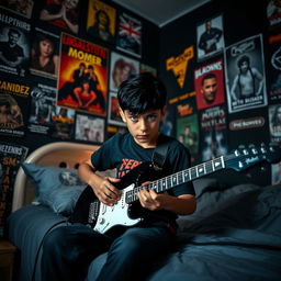 A 10-year-old boy with striking black hair, a blend of Egyptian and Greek features, and vibrant green eyes is captured sitting on his bed in a dimly lit room