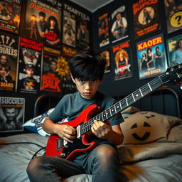 A 10-year-old boy with striking black hair, a blend of Egyptian and Greek features, and vibrant green eyes is captured sitting on his bed in a dimly lit room