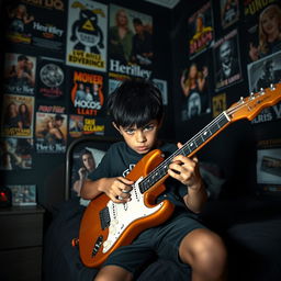 A 10-year-old boy with striking black hair, a blend of Egyptian and Greek features, and vibrant green eyes is captured sitting on his bed in a dimly lit room