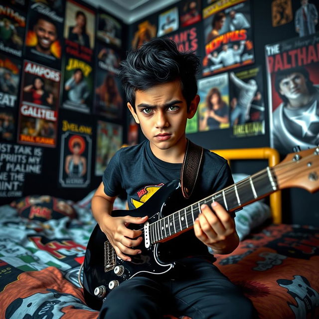 A 10-year-old boy with striking black hair, a blend of Egyptian and Greek features, and vibrant green eyes is captured sitting on his bed in a dimly lit room