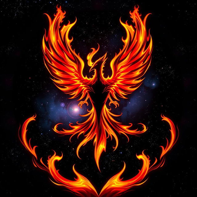 A powerful and imposing Dark Phoenix logo, radiating fiery energy and cosmic strength