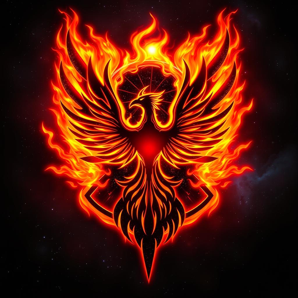 A powerful and imposing Dark Phoenix logo, radiating fiery energy and cosmic strength