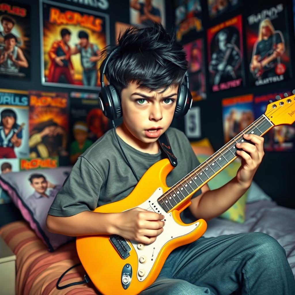 A 10-year-old boy with striking black hair, a blend of Egyptian and Greek features, and expressive green eyes is depicted sitting on his bed in a room filled with vibrant posters of rock bands and popular TV series