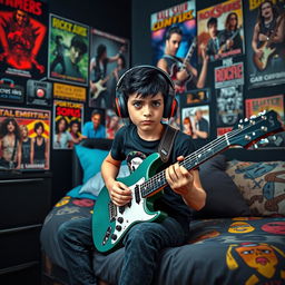 A 10-year-old boy with striking black hair, a blend of Egyptian and Greek features, and expressive green eyes is depicted sitting on his bed in a room filled with vibrant posters of rock bands and popular TV series