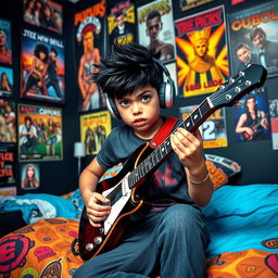 A 10-year-old boy with striking black hair, a blend of Egyptian and Greek features, and expressive green eyes is depicted sitting on his bed in a room filled with vibrant posters of rock bands and popular TV series