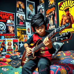 A 10-year-old boy with striking black hair, a blend of Egyptian and Greek features, and expressive green eyes is depicted sitting on his bed in a room filled with vibrant posters of rock bands and popular TV series