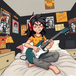 A 10-year-old boy with long black hair, showcasing a blend of Egyptian and Greek features, and vibrant green eyes is illustrated sitting on his bed in a creatively styled room