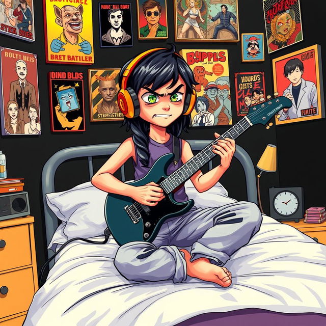 A 10-year-old boy with long black hair, showcasing a blend of Egyptian and Greek features, and vibrant green eyes is illustrated sitting on his bed in a creatively styled room