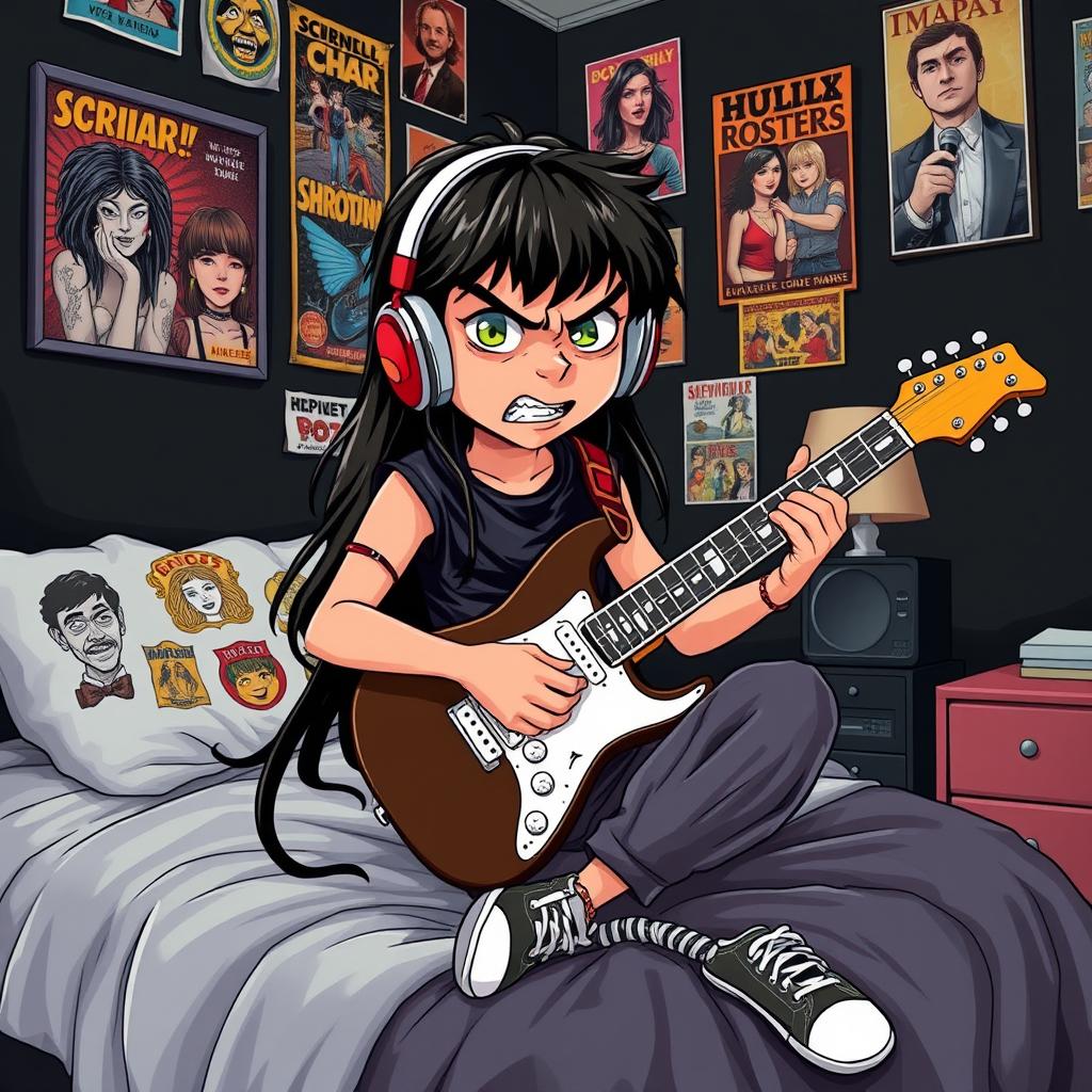 A 10-year-old boy with long black hair, showcasing a blend of Egyptian and Greek features, and vibrant green eyes is illustrated sitting on his bed in a creatively styled room