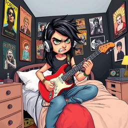 A 10-year-old boy with long black hair, showcasing a blend of Egyptian and Greek features, and vibrant green eyes is illustrated sitting on his bed in a creatively styled room