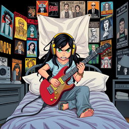 A 10-year-old boy with long black hair, showcasing a blend of Egyptian and Greek features, and bright green eyes is vividly illustrated sitting on his bed in a room brimming with personality