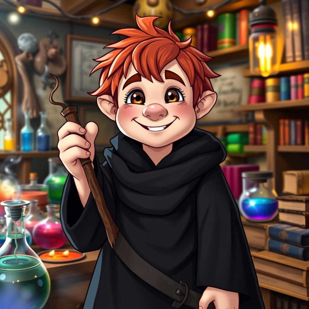 A happy-looking gnome mage with short, messy redhead hair and big brown eyes that sparkle with joy and mischief