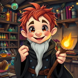 A happy-looking gnome mage with short, messy redhead hair and big brown eyes that sparkle with joy and mischief