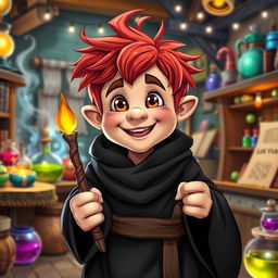 A happy-looking gnome mage with short, messy redhead hair and big brown eyes that sparkle with joy and mischief