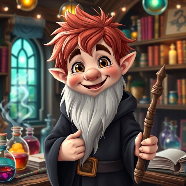 A happy-looking gnome mage with short, messy redhead hair and big brown eyes that sparkle with joy and mischief