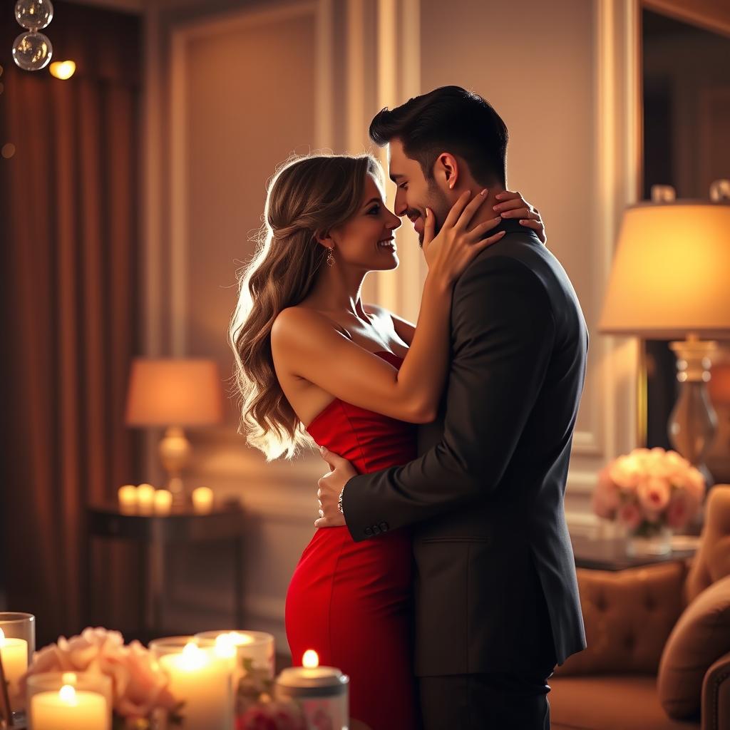 A sensual, intimate scene depicting two adults in a romantic setting, soft lighting creating an inviting atmosphere