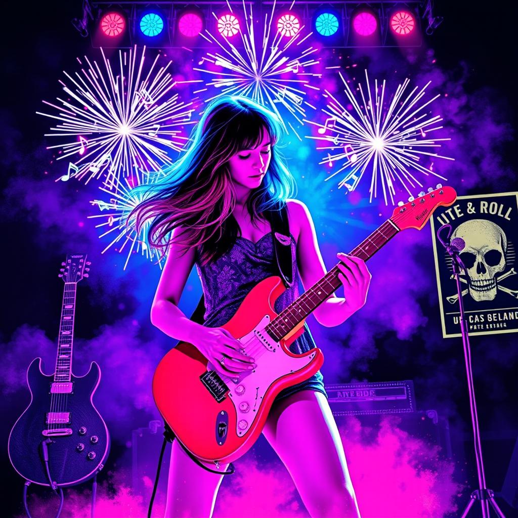 A vibrant explosion of color and sound, featuring a concert poster striking the eyes with a neon palette of dazzling blue, purplish violet, and tempting pink