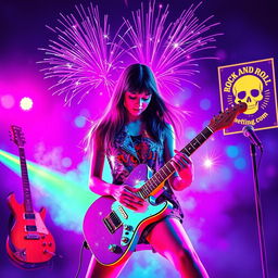 A vibrant explosion of color and sound, featuring a concert poster striking the eyes with a neon palette of dazzling blue, purplish violet, and tempting pink