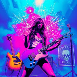 A vibrant explosion of color and sound, featuring a concert poster striking the eyes with a neon palette of dazzling blue, purplish violet, and tempting pink