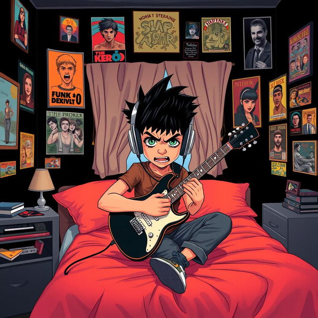 A 10-year-old boy with a mullet haircut, black hair, a mix of Egyptian and Greek features, and striking green eyes is illustrated sitting on his bed in a creatively decorated room