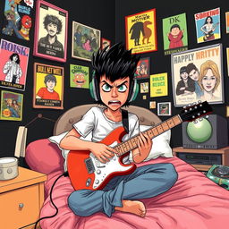 A 10-year-old boy with a mullet haircut, black hair, a mix of Egyptian and Greek features, and striking green eyes is illustrated sitting on his bed in a creatively decorated room