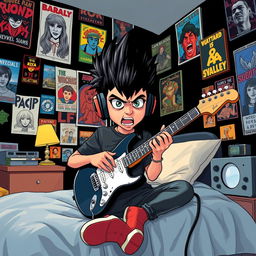 A 10-year-old boy with a mullet haircut, black hair, a mix of Egyptian and Greek features, and striking green eyes is illustrated sitting on his bed in a creatively decorated room