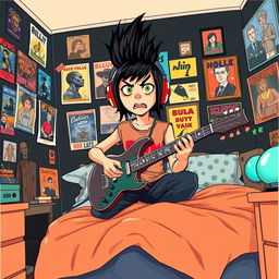 A 10-year-old boy with a mullet haircut, black hair, a mix of Egyptian and Greek features, and striking green eyes is illustrated sitting on his bed in a creatively decorated room