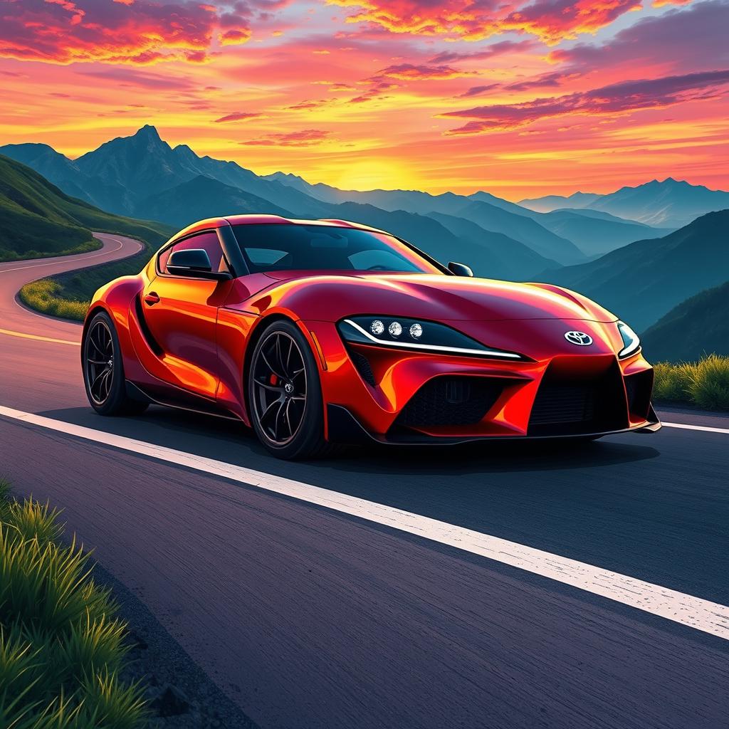 A stunning and vivid illustration of a Toyota Supra, showcasing its sleek exterior design and dynamic curves