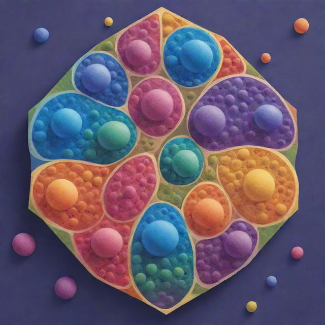 A beautiful, lively 10x6 game box design featuring various mitotic phases, represented by playful, animated cells in division surrounded by rainbow-colored patterns. A striking title centrally placed, all forming a dynamic and engaging visual.