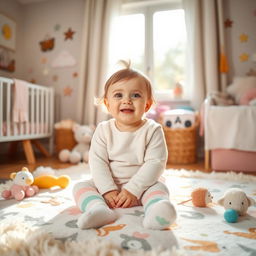 A warm and cozy nursery setting, featuring a cute baby girl dressed in adorable pastel-colored stockings