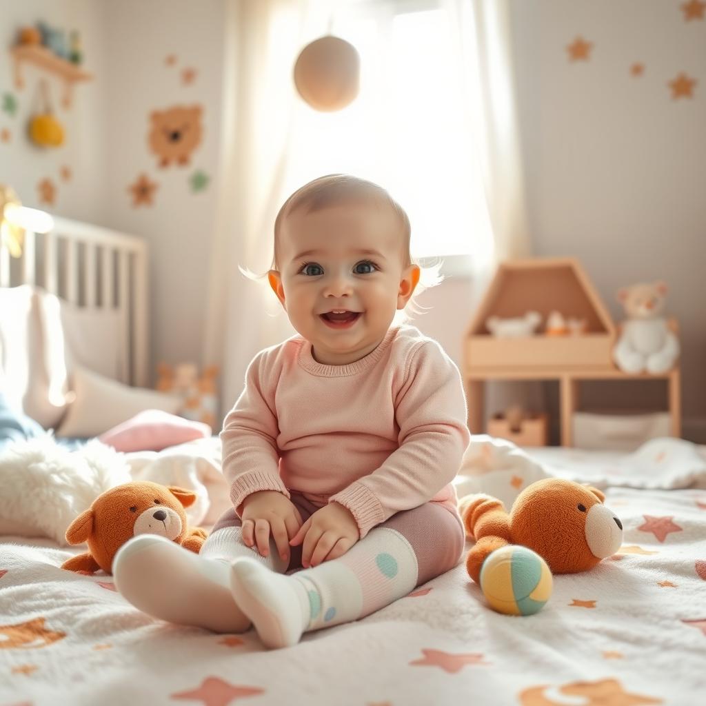 A warm and cozy nursery setting, featuring a cute baby girl dressed in adorable pastel-colored stockings