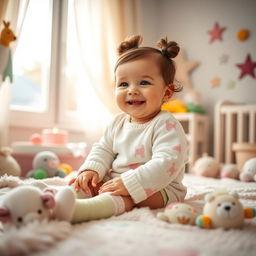 A warm and cozy nursery setting, featuring a cute baby girl dressed in adorable pastel-colored stockings