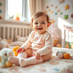 A warm and cozy nursery setting, featuring a cute baby girl dressed in adorable pastel-colored stockings