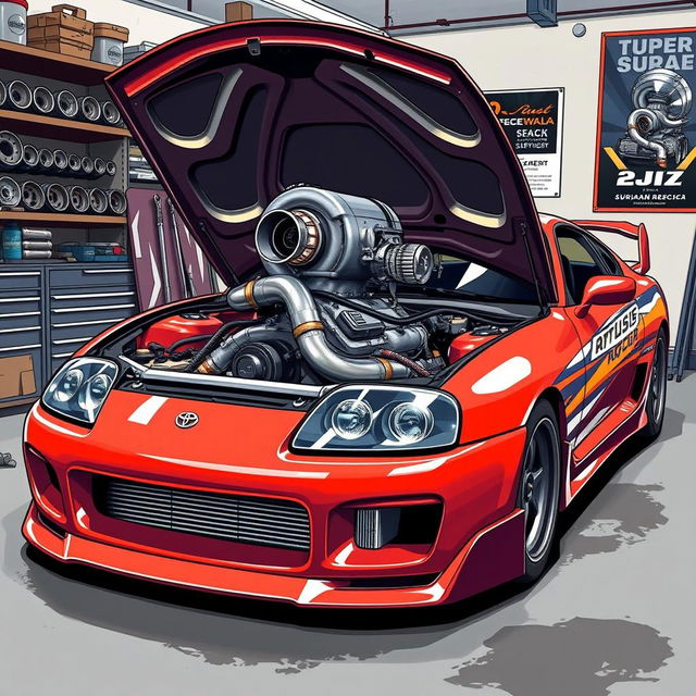 A detailed illustration of a Toyota Supra MK4 with its hood opened, prominently displaying a powerful 2JZ engine equipped with a large turbocharger