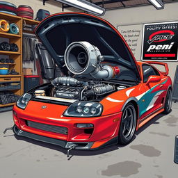 A detailed illustration of a Toyota Supra MK4 with its hood opened, prominently displaying a powerful 2JZ engine equipped with a large turbocharger