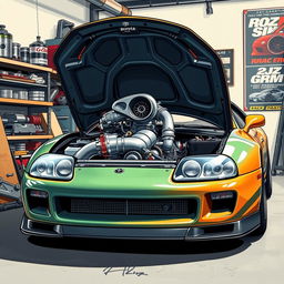 A detailed illustration of a Toyota Supra MK4 with its hood opened, prominently displaying a powerful 2JZ engine equipped with a large turbocharger