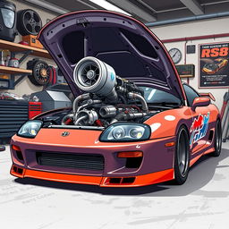 A detailed illustration of a Toyota Supra MK4 with its hood opened, prominently displaying a powerful 2JZ engine equipped with a large turbocharger