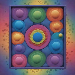 A beautiful, lively 10x6 game box design featuring various mitotic phases, represented by playful, animated cells in division surrounded by rainbow-colored patterns. A striking title centrally placed, all forming a dynamic and engaging visual.