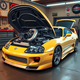 An immersive illustration of a Toyota Supra MK4 with its hood raised, prominently showcasing a robust 2JZ engine paired with a large turbocharger